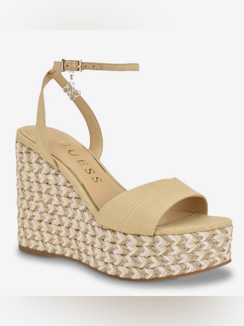 NWT GUESS Beige Woven Platform Wedge Sandals with Ankle Strap; Size 9